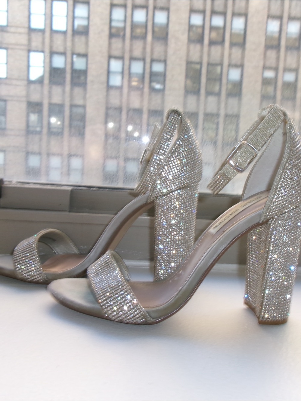 Steve Madden Silver Rhinestone Block Heel Sandals - Picture 3 of 6